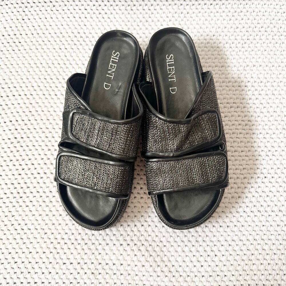 Silent D Gray Black Woven Raffia Double Strap Hook Loop Platform Sandals 39 Boho - Picture 5 of 9